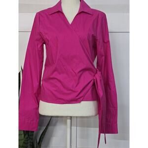 Bognar Blu Fuschia Wrap Long Sleeve Medium Side Tie Italy Cotton Blouse Vacation